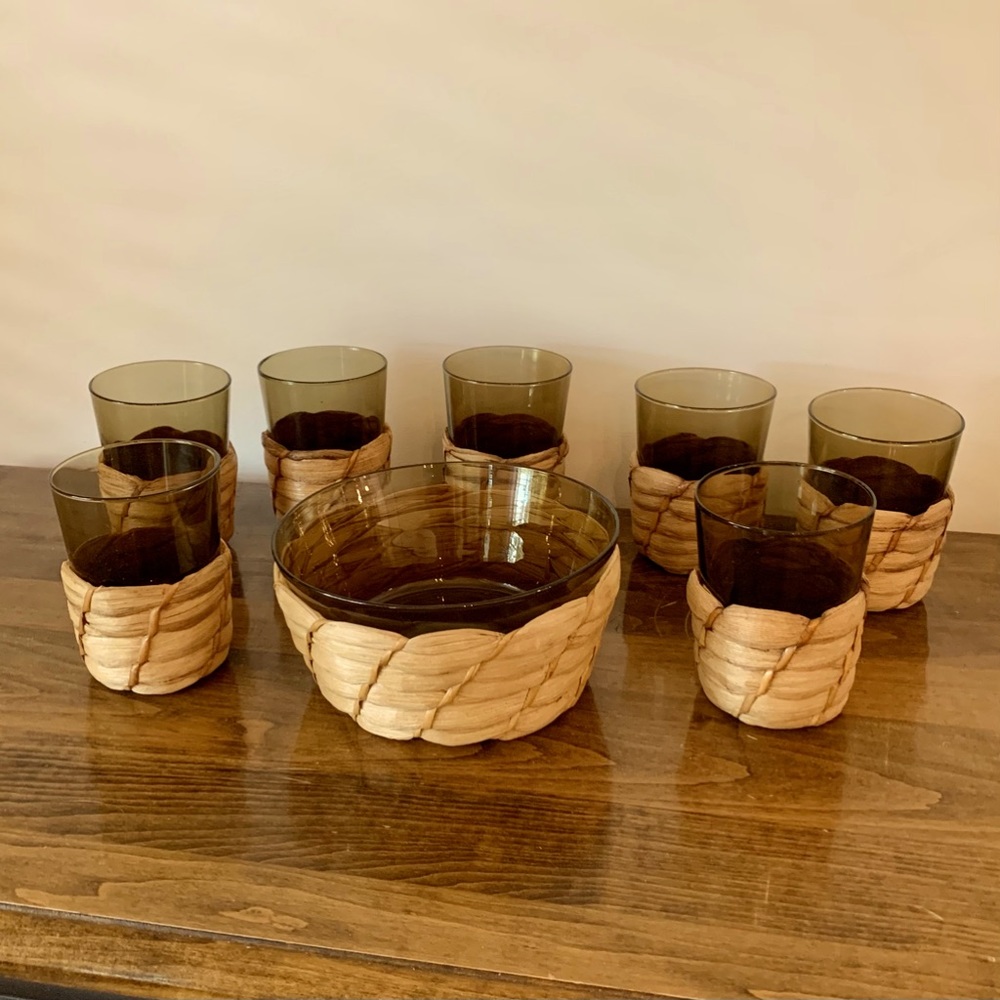 Vintage smoked glasses and serving dish with removable rattan/basket bottoms.